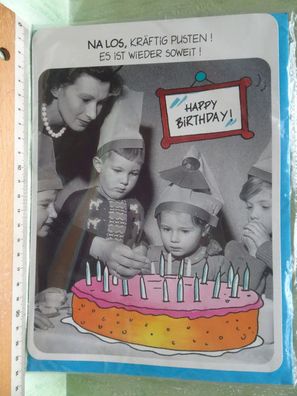 obp Happy Birthday Geburtstagstorte Kräftig pusten Vintage Design Din A5