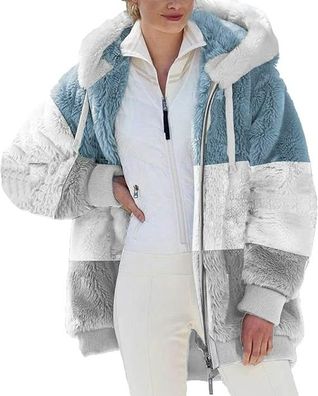 Womens Fuzzy Fleece Coat Open Front Hooded Color Block Cardigan Jacket Outwear with P