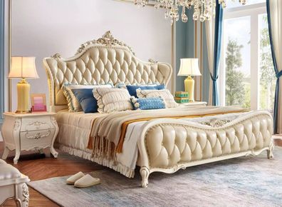 Schlafzimmer Set klassisch Bett chesterfield 2x Nachttische Massivholz 3tlg