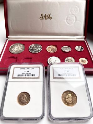 Südafrika - 1974 - Rand - 10 Münzen Long-Proof Set - mit rotem Originaletui und NGC G