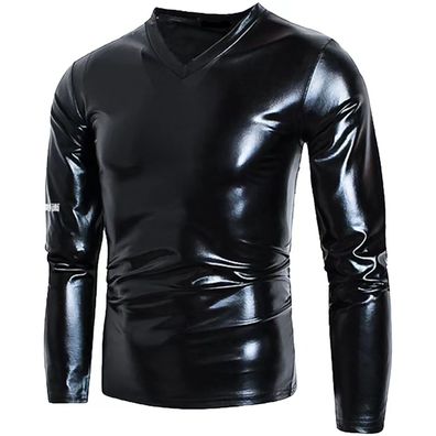 Herren Glossy Pullover V-Ausschnitt Mattlook Sweatshirt Elastisch Slim Fit Hemd S-7XL