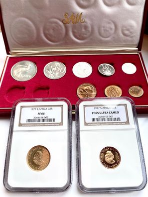 Südafrika - 1977 - Rand - 10 Münzen Long-Proof Set - mit rotem Originaletui und NGC G
