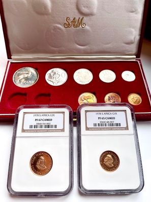 Südafrika - 1978 - Rand - 10 Münzen Long-Proof Set - mit rotem Originaletui und NGC G