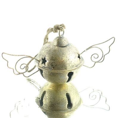 Weihnachtsdeko Glocke mit Flügeln Champagnerfarben aus Metall Ø 6,5 cm