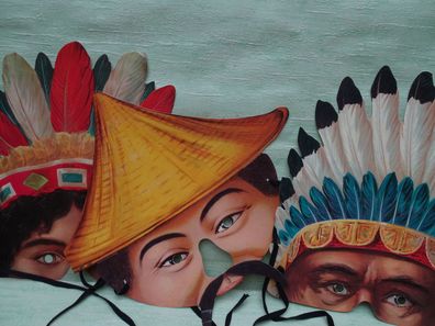3 Mamelok England geprägte Gesichtsmasken & Band Chinaman Indian Brave Indian Sqaw