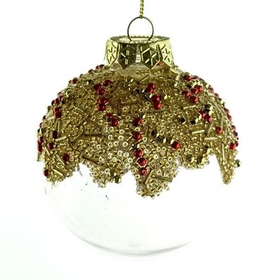 Bruchfeste Weihnachtskugel Transparent & Goldfarben mit Perlen Ø 8 cm - Kunststoff