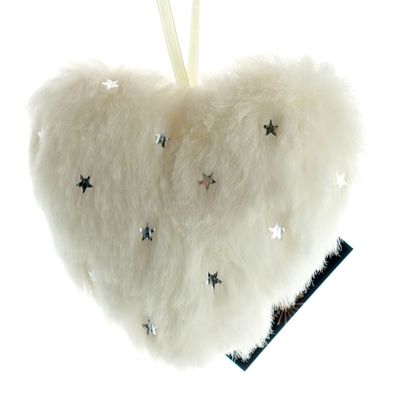Weihnachtsanhänger Herz Weiß mit silbernen Sternen 9 cm - Plüsch