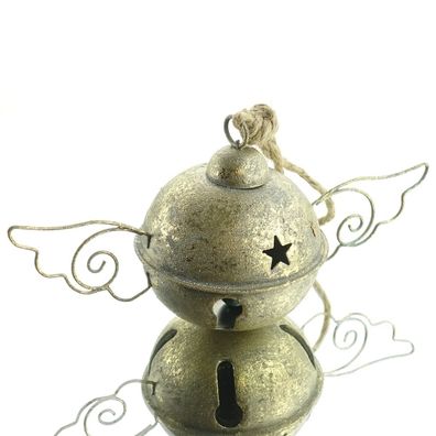 Weihnachtsdeko Glocke mit Flügeln Champagnerfarben aus Metall Ø 8 cm