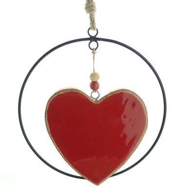 Weihnachtsanhänger Herz Rot mit schwarzem Ring Ø 20 cm - Holz & Metall