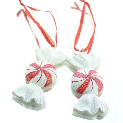 Weihnachtsanhänger Bonbon Weiß / Rot mit Glitter 7,5 cm aus Polyresin - 2er Pack
