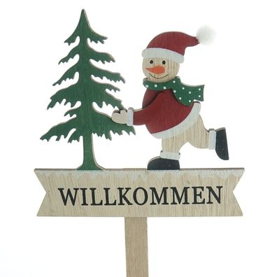 Weihnachtsstecker Tannebaum & Schneemann Bunt mit Schriftzug Willkommen 39 cm - Holz