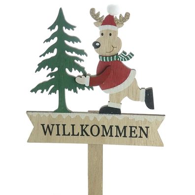 Weihnachtsstecker Tannebaum & Hirsch Bunt mit Schriftzug Willkommen 39 cm - Holz