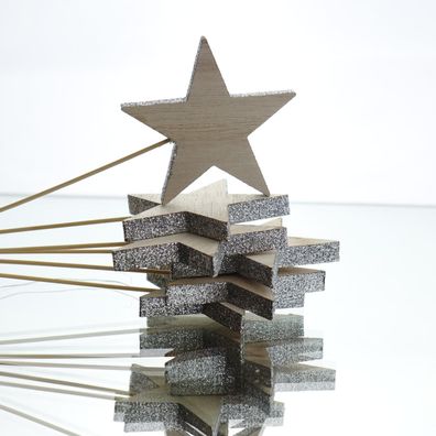 Weihnachtssterne Natur/ Silber mit Glitzer zum Stecken - Holz 6er Ø 6,5 cm