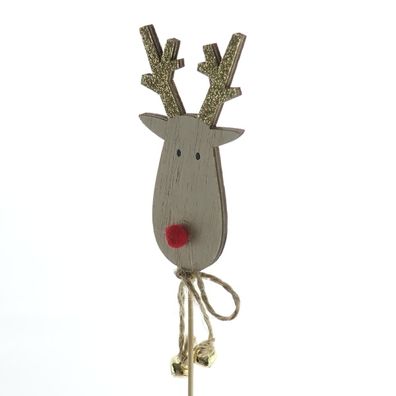 Weihnachtsstecker Hirsch mit goldfarbenem Geweih & 2 Glöckchen - Holz