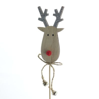 Weihnachtsstecker Hirsch mit silberfarbenem Geweih & 2 Glöckchen - Holz