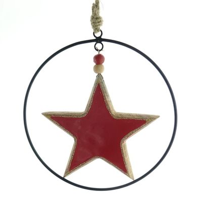 Weihnachtsanhänger Stern Rot mit schwarzem Ring Ø 20 cm - Holz & Metall