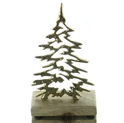 Weihnachtsdeko Tannenbaum Goldfarben auf Holzsockel 24 cm - Aluminium