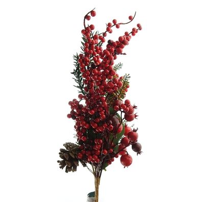 Weihnachtsdeko Beerenzweig Rot mit Zapfen & Tannenspitzen - Kunstblumen