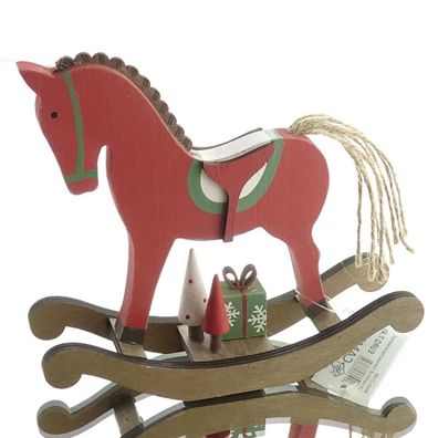 Weihnachtsdeko Schaukelpferd Rot & Grün 20,5 cm - Paulowniaholz
