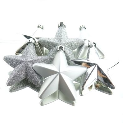 Bruchfeste Weihnachtsanhänger Sterne Silberfarben Ø 7,5 cm aus Kunststoff - 6er Set