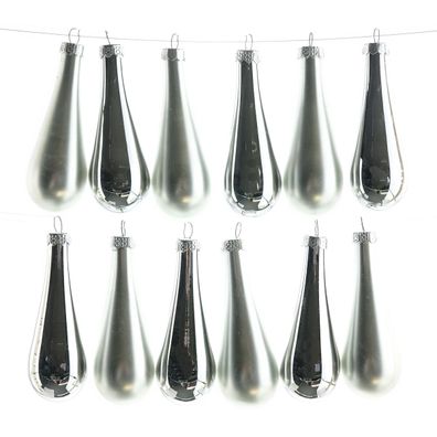 Christbaumanhänger Tropfenform Silver silberfarben 7,5 cm aus Glas - 12er Set