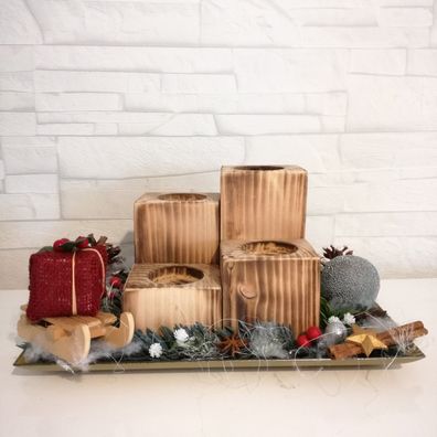 Adventskranz Tischdeko Holz 26cm Teelicht geflammt Handmade Holz 26x13x18cm