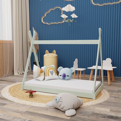 Montessori Kinderbett 140x70cm mint Tipi Spielbett Zeltform Holz bodentief mit ...