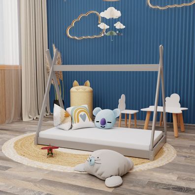 Montessori Kinderbett 140x70cm grau Tipi Spielbett Zeltform Holz bodentief mit ...