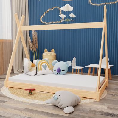 Montessori Kinderbett 200x90cm natur Tipi Spielbett Zeltform Holz bodentief mit ...