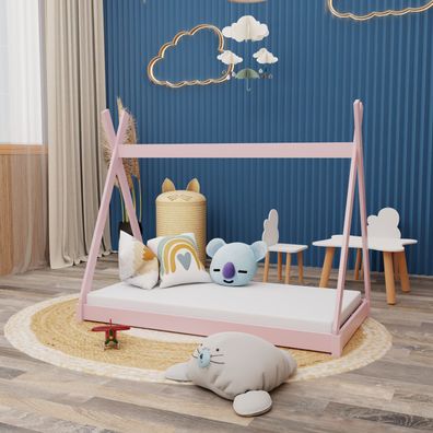 Montessori Kinderbett 140x70cm rosa Tipi Spielbett Zeltform Holz bodentief mit ...