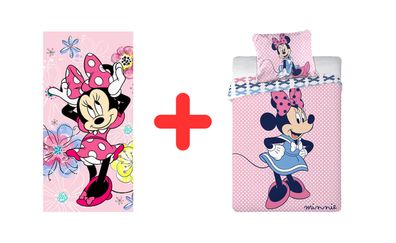 Disney Minnie Mouse Kinder Heitmtextilien 2er Geschenk Set: Handtuch + Bettwäsch