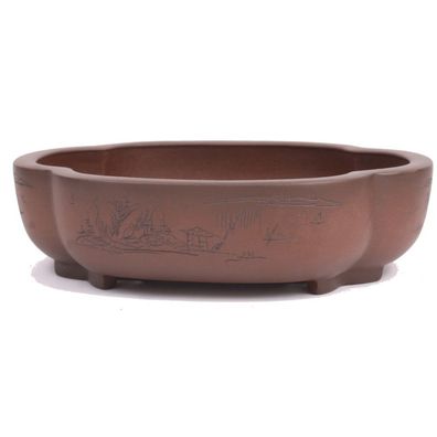 Bonsai - Schale oval 32,5 x 27,5 x 8,8 cm, unglasiert, braun mit handgeritztem Motiv