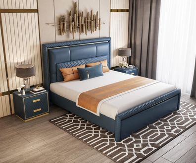 Schlafzimmer Set Bett 2x Nachttisch 3 tlg Design Modern Luxus Blau Gold