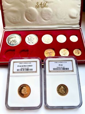 Südafrika - 1980 - Rand - 10 Münzen Long-Proof Set - mit rotem Originaletui und NGC G
