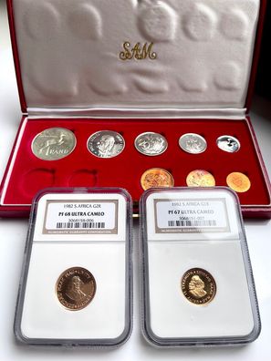 Südafrika - 1982 - Rand - 10 Münzen Long-Proof Set - mit rotem Originaletui und NGC G