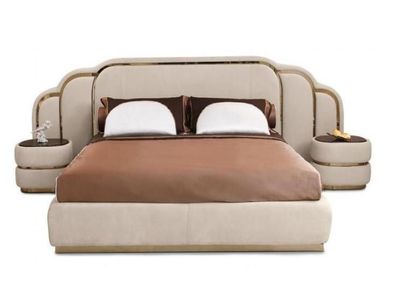 Beige Schlafzimmer Möbel Bett 2x Nachttische Holz Garnitur Luxus Set 3tlg