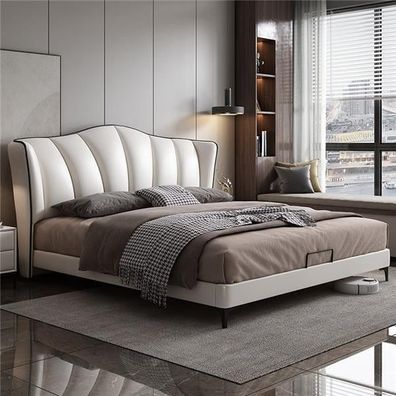 Schlafzimmer Bett Leder Luxus Stil Doppelbett beige Betten Möbel Einrichtung