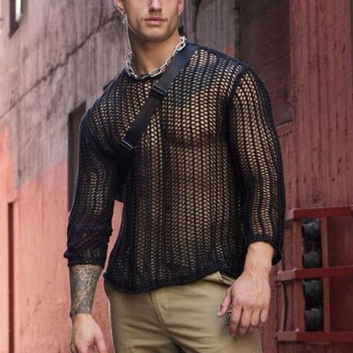 Herren Unterhemd Sexy Gitter aushöhlen Pullover See Through Strick Sweatshirt S-3XL