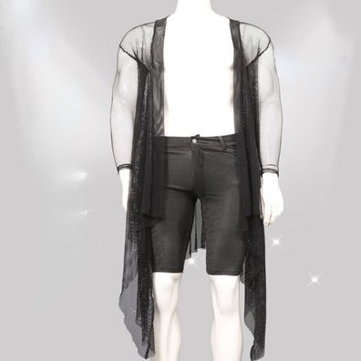 Herren Sheer Cardigan Hemd Mesh Deco Umhang ohne Gürtel Shirt Street-wear Top Schwarz