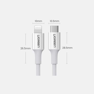 Ugreen Kabel USB Typ C - iPhone-Anschluss MFI 1m 3A 18W weiß