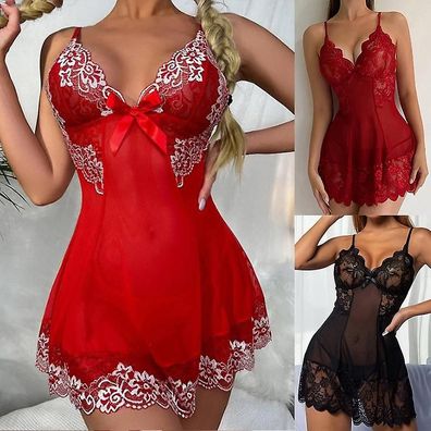 Frauen Spitze Dessous Set Mini Kleid und Höschen Faxu Seide Nachtkleid Nachtwäsche