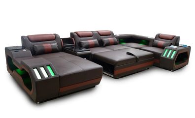 Luxus Ecksofa U-Form Wohnzimmer Sofa mit Bettfunktion Couch Möbel LED
