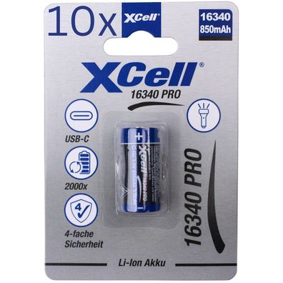 10x XCell CR123A 16340 Pro Li-Ion Akku 3,6V 850mAh mit USB-C
