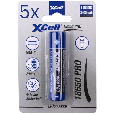 5x XCell 18650 Pro Li-Ion Akku 3,6V 3400mAh mit USB-C