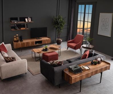 Große Wohnzimmer 9tlg. Luxus Couch Garnitur Dreisitzer Sessel Couchtisch 3 + 3 + 1