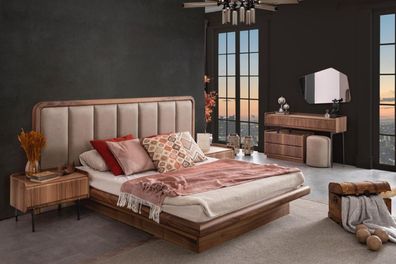 Braune Luxus Holz Schlafzimmer Garnitur Bett Spiegel Schminktisch Neu