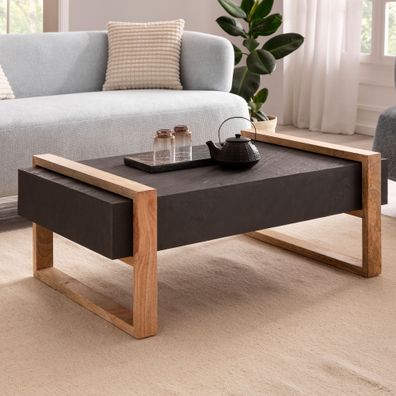 Wohnling Couchtisch Steinoptik Massivholz 105x66x40 cm Sofatisch Wohnzimmertisch