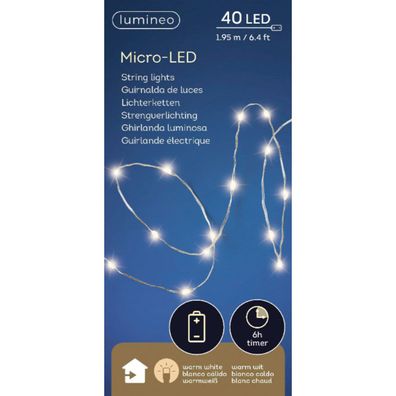 Lumineo Batterie LED Micro Lichterkette Strang 195 cm 40 Lichter warmweiß