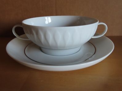 Tasse Suppentasse mit Untertasse weiß mit Silberstreifen/ Platin Thomas Lanzette