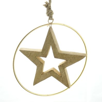 Weihnachtsdeko Stern aus Holz Natur im Metallring goldfarben Ø 20 cm